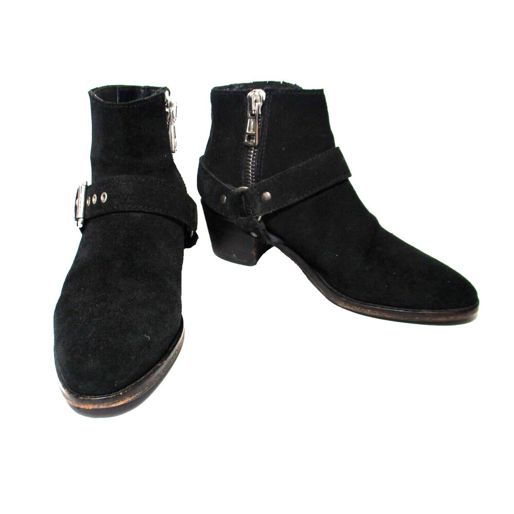 All Saints Ankle Boots Size 37 Women Black Suede Harness Side Zip Biker Boot